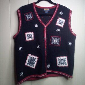 Woolrich Sweater Vest Womens L Snowflakes Black Red Wool
